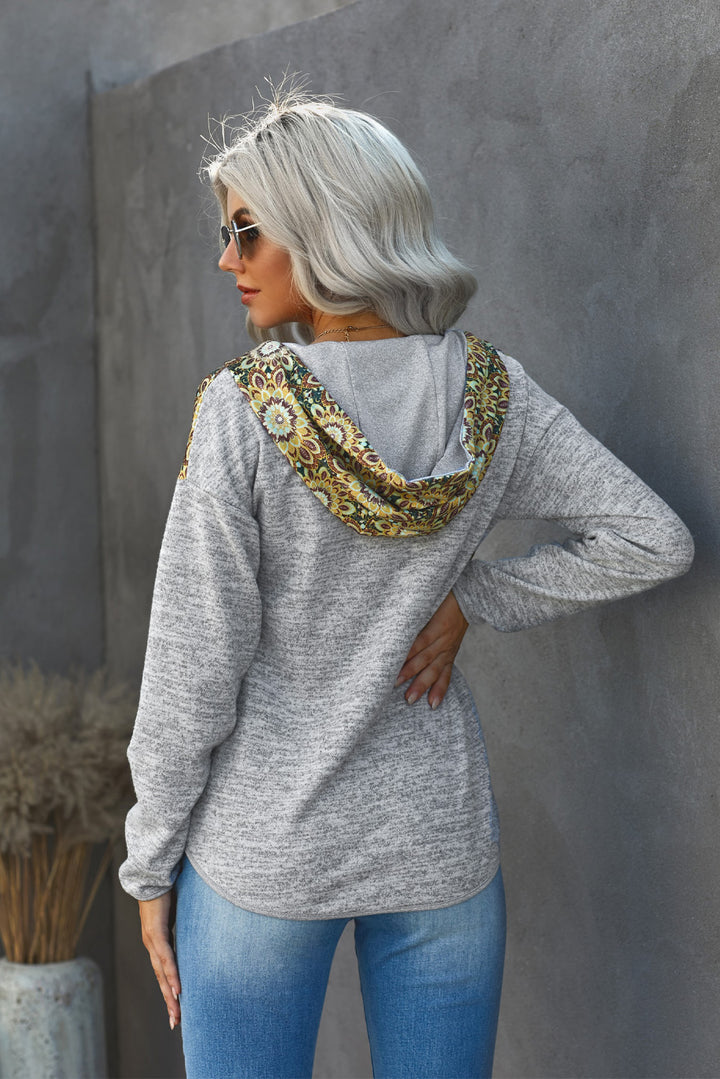Floral Drawstring Half Snap Hoodie 
