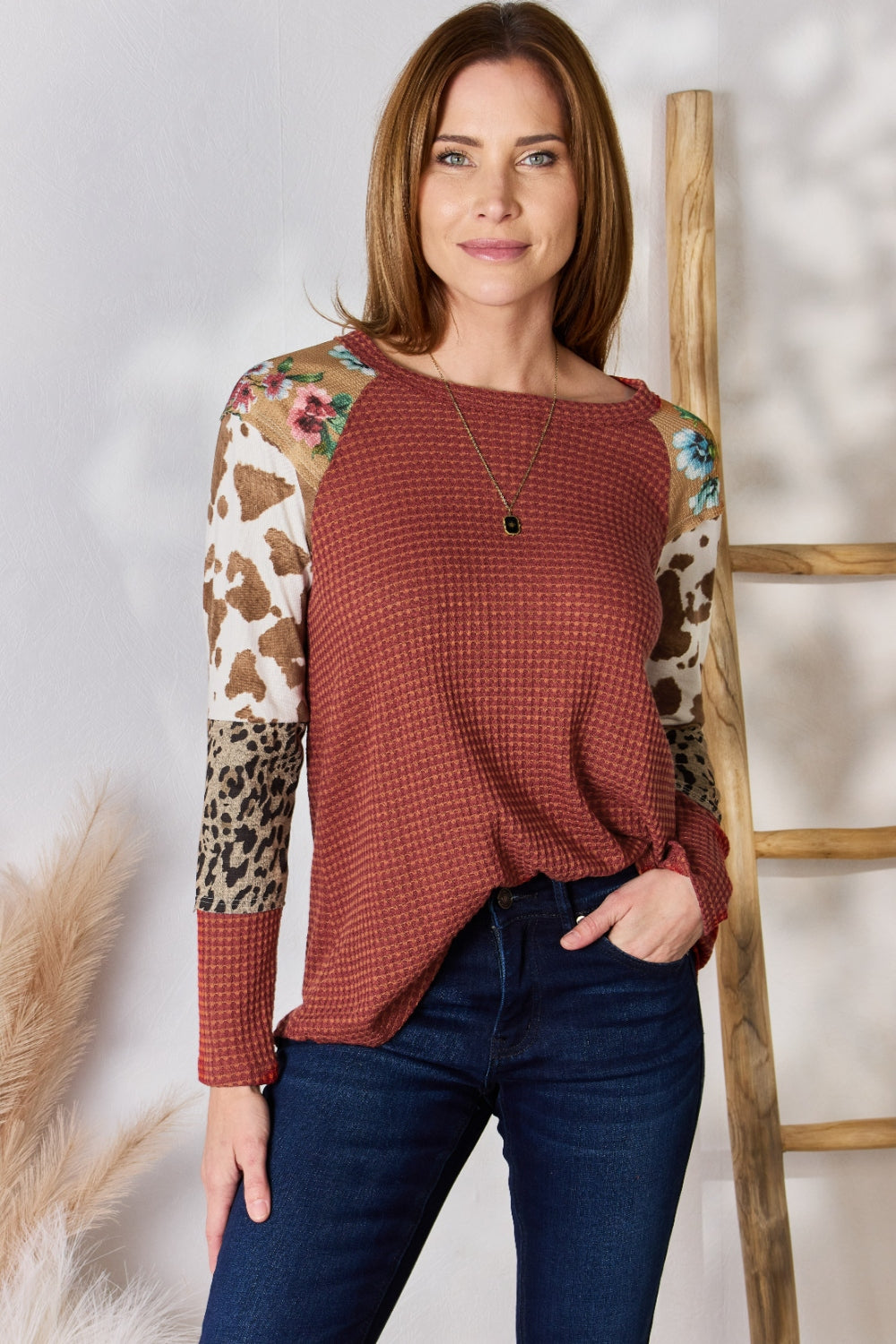 Hailey & Co Full Size Leopard Waffle-Knit Blouse 