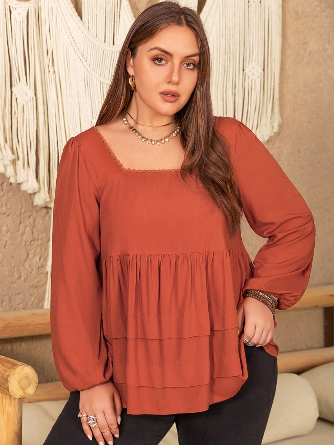 Plus Size Lace Detail Square Neck Long Sleeve Blouse 