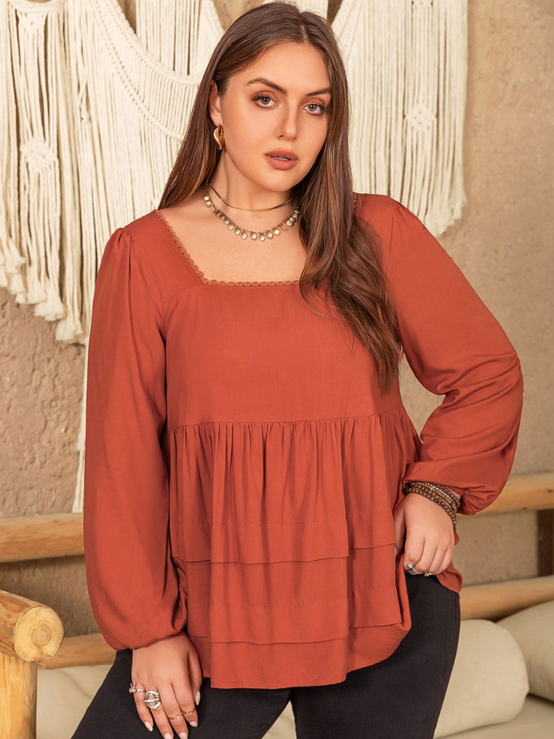 Plus Size Lace Detail Square Neck Long Sleeve Blouse 