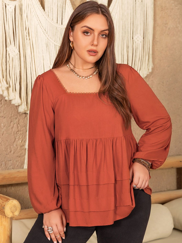 Plus Size Lace Detail Square Neck Long Sleeve Blouse 