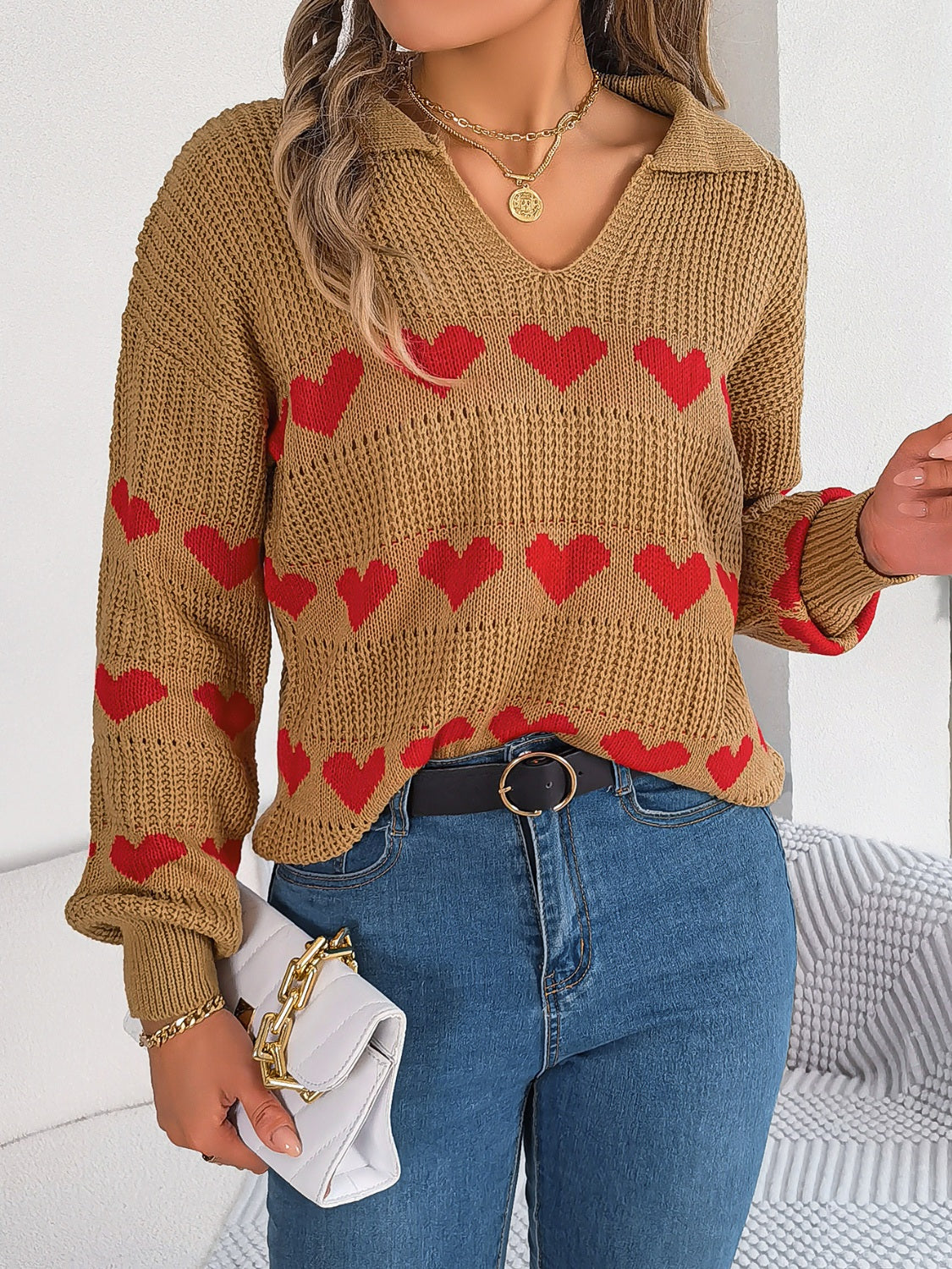 Heart Johnny Collar Long Sleeve Sweater 
