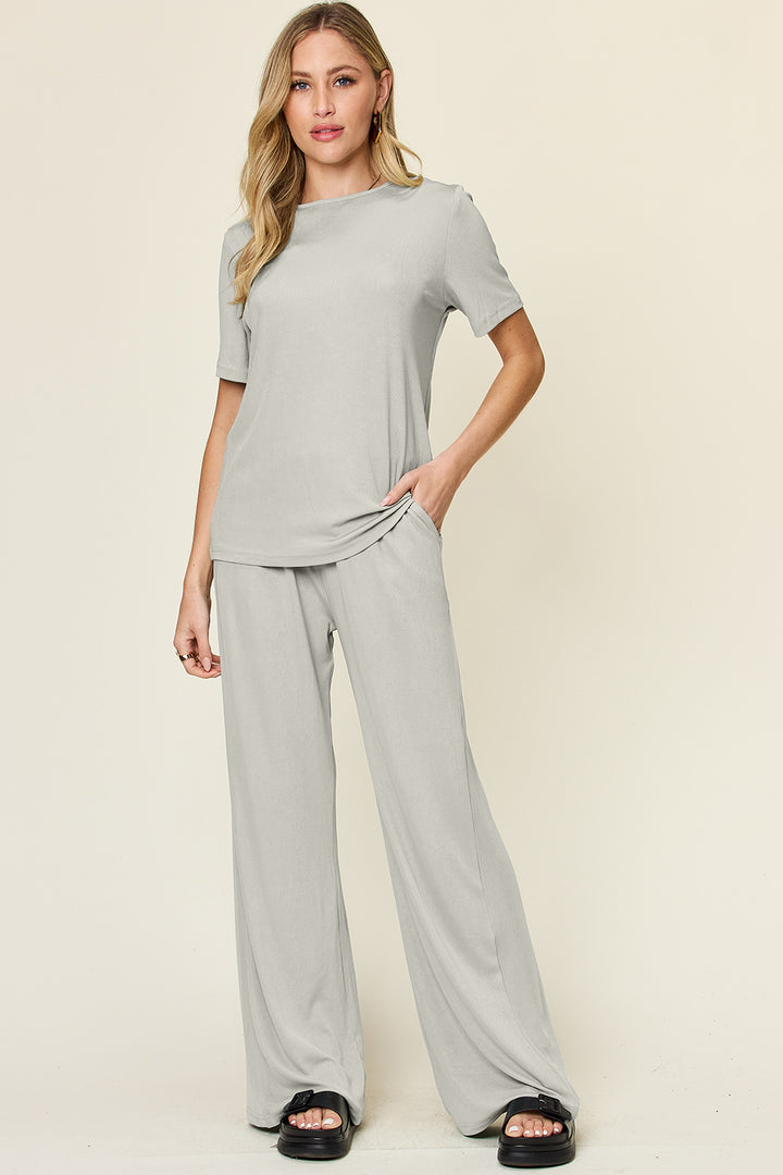 Double Take Full Size Round Neck Short Sleeve T-Shirt and Wide Leg Pants Set 