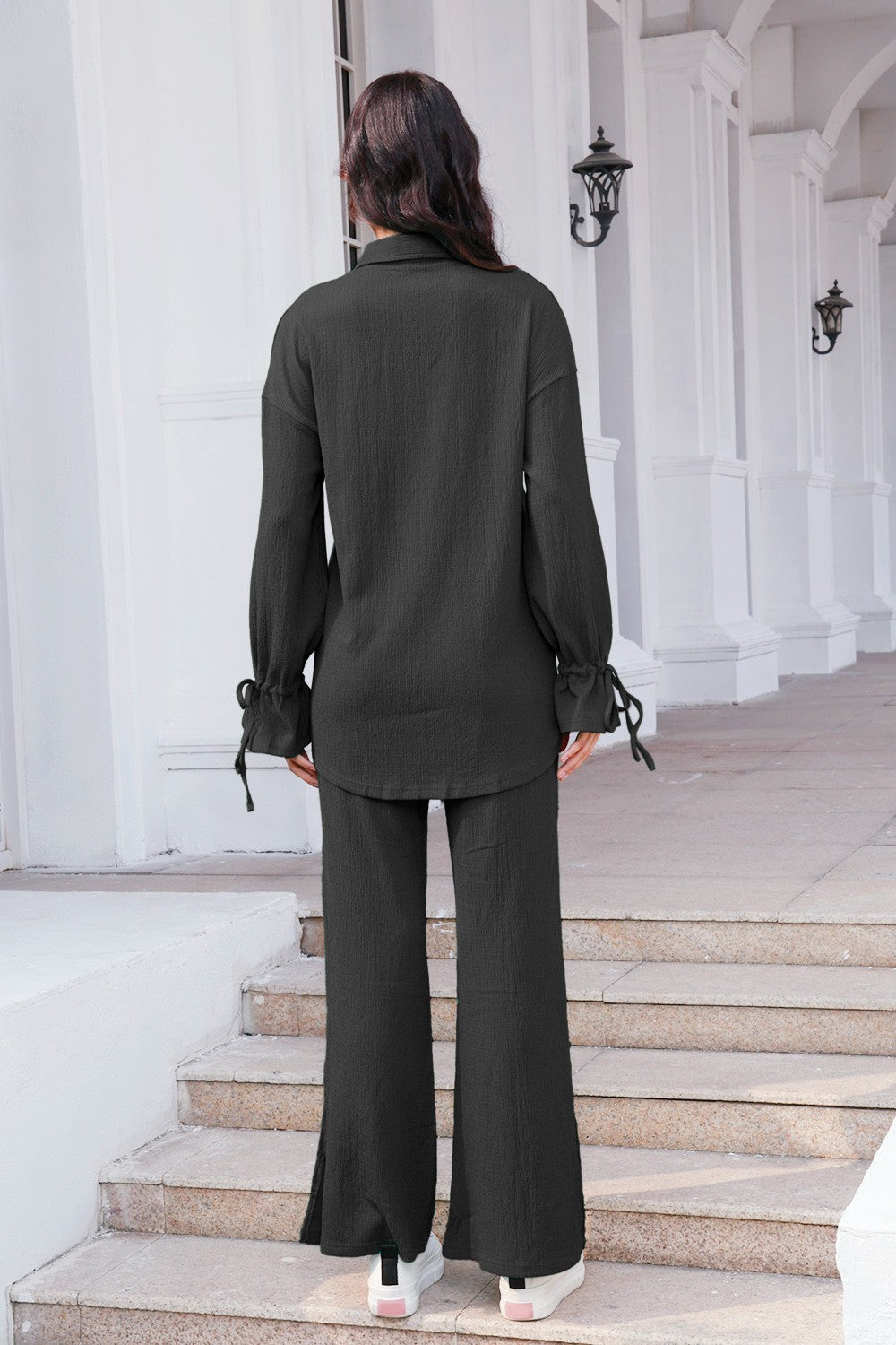 Drawstring Flounce Sleeve Shirt and Pants Set 
