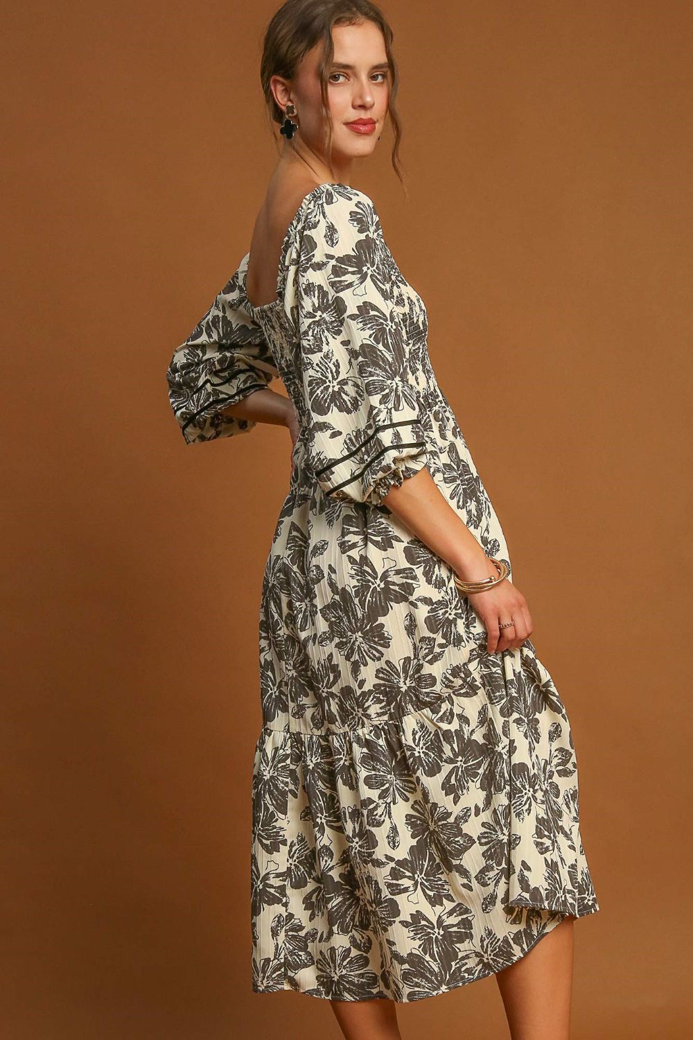 Umgee Ruffle Hem Flower Printed V-Neck Dress 