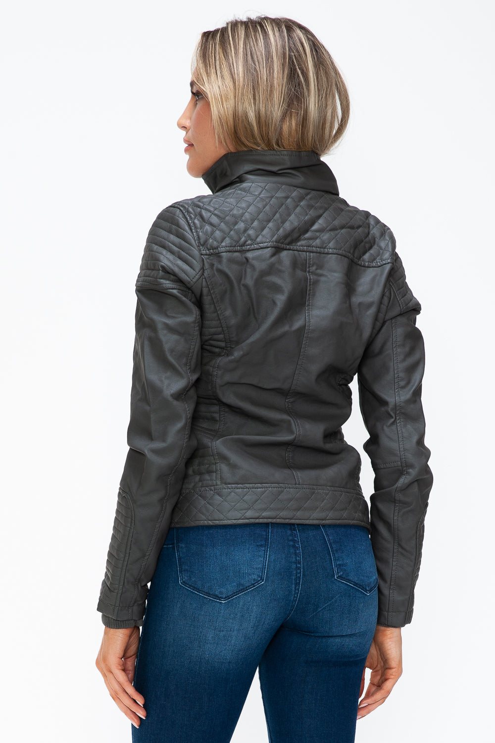 YMI Faux Layered Double-Zipper Jacket with Fuzzy Hood 