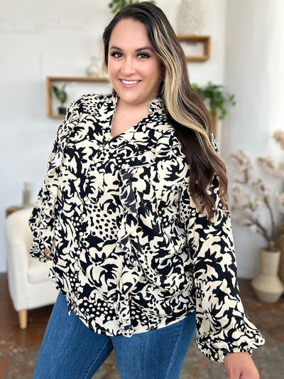 Double Take Full Size Printed Ruffle Trim Balloon Sleeve Shirt 