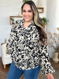 Double Take Full Size Printed Ruffle Trim Balloon Sleeve Shirt 