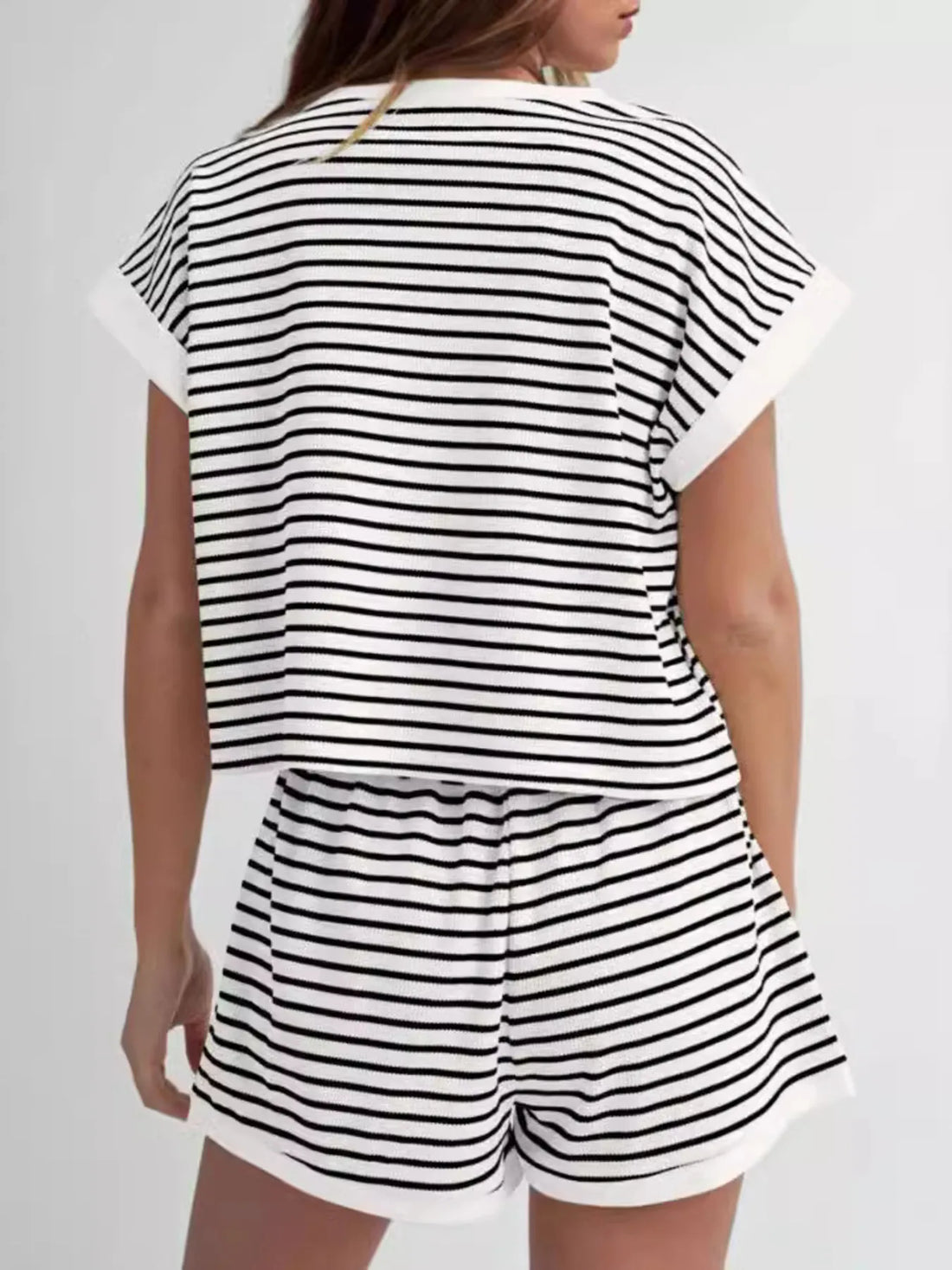 Full Size Contrast Striped T-Shirt and Shorts Set Plus Size Two Piece Dresses