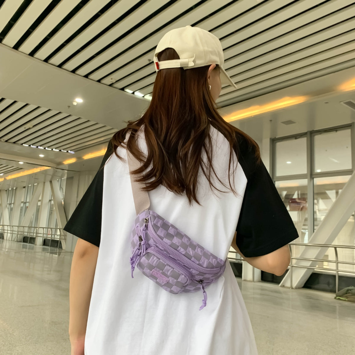 Checkered Adjustable Strap Nylon Crossbody Bag 