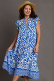 Umgee Full Size Two Tone Border Print Ruffle Cap Sleeve Midi Dress Plus Size Dresses