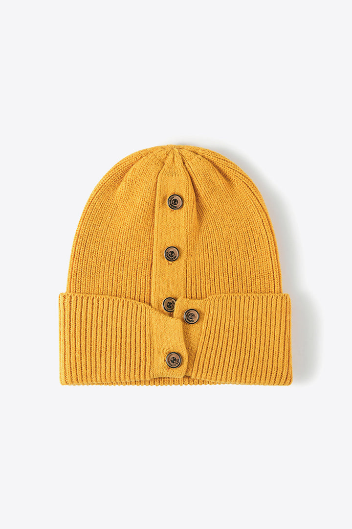 Button Detail Rib-Knit Cuff Beanie 