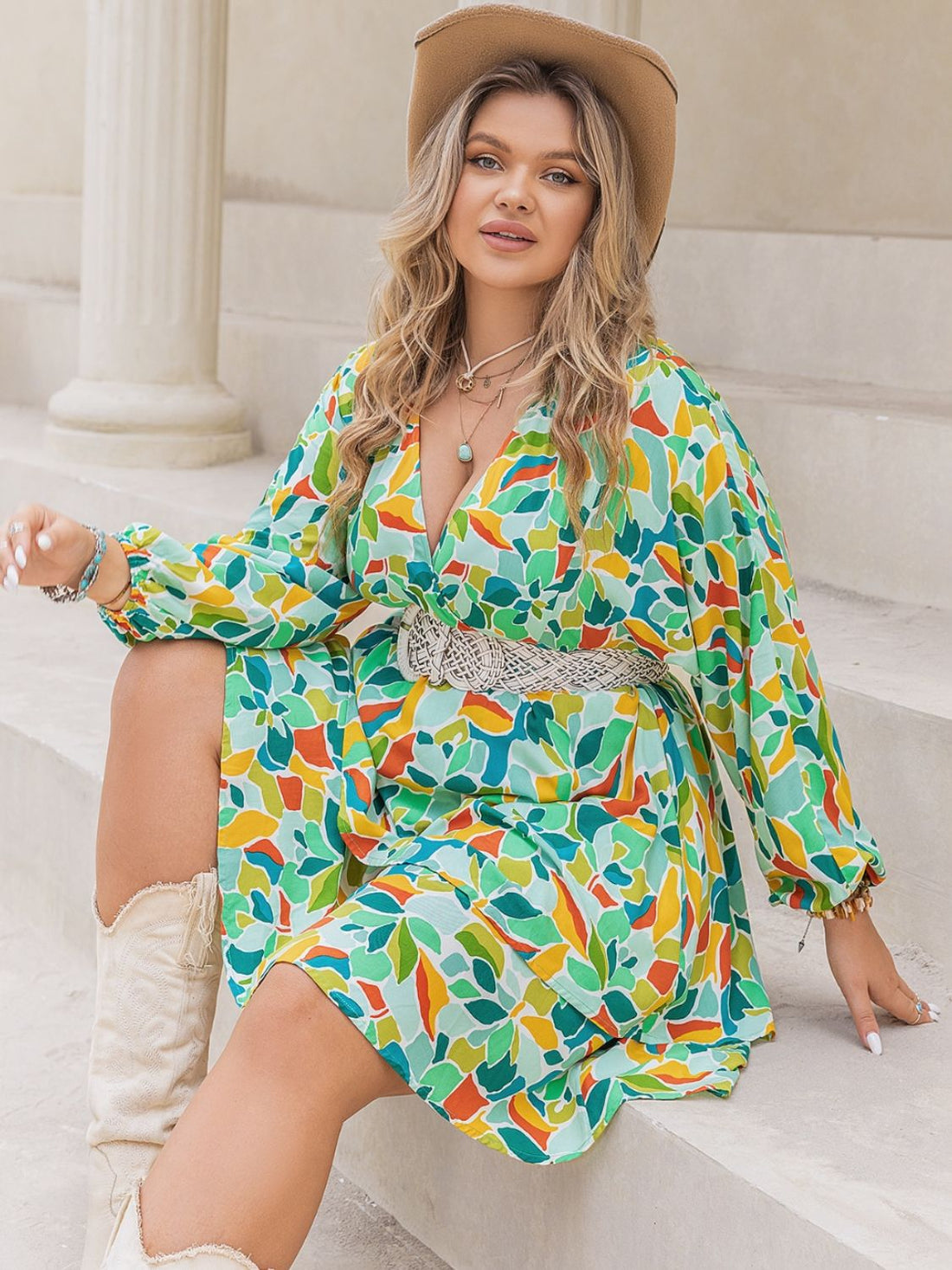 Plus Size Printed Surplice Long Sleeve Mini Dress 