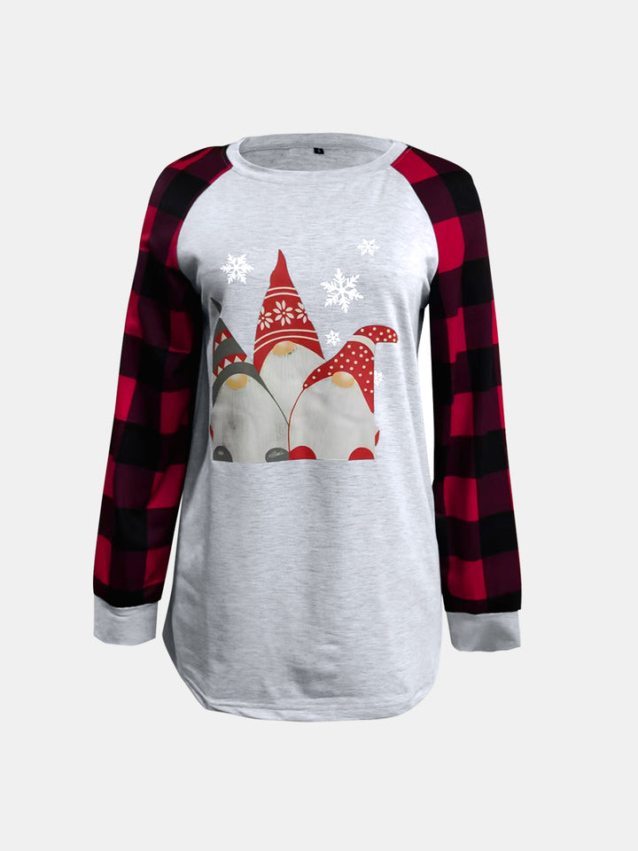 Full Size Graphic Plaid Round Neck Long Sleeve T-Shirt 