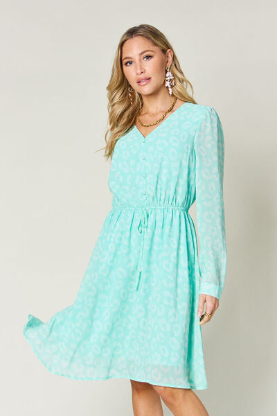 Double Take Full Size Printed Ruched V-Neck Long Sleeve Dress 
