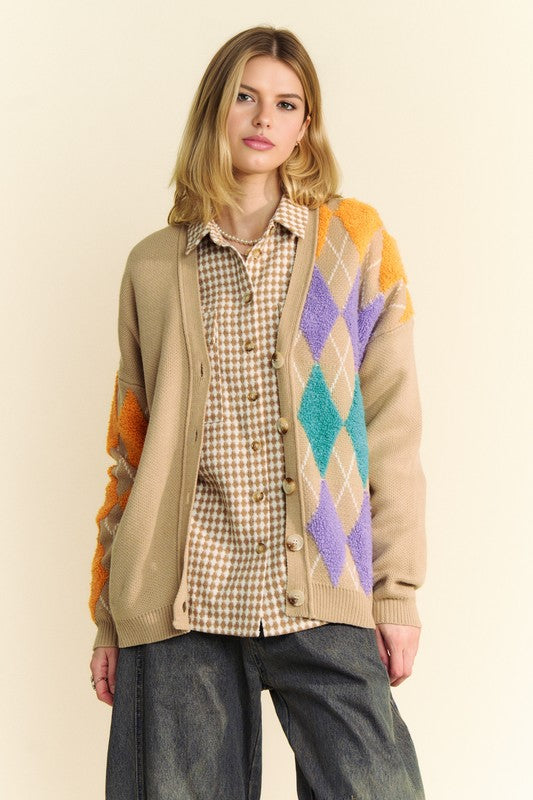 Davi & Dani Argyle V-Neck Dropped Shoulder Cardigan 