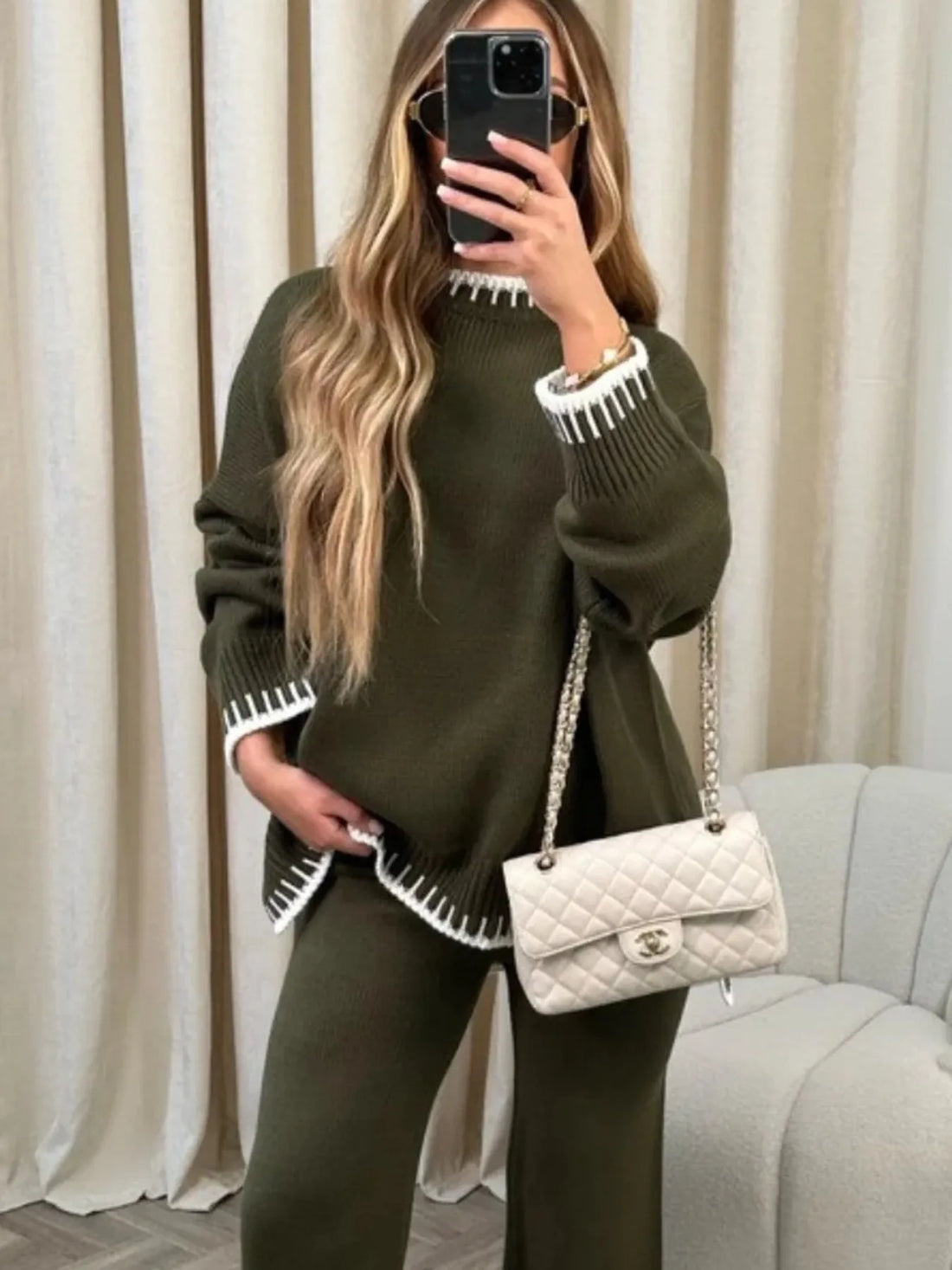 Contrast Trim Round Neck Top and Pants Sweater Set Two Piece Dresses