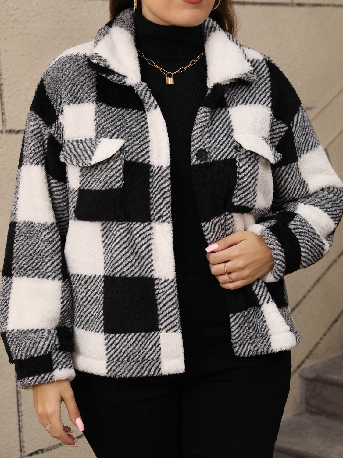 Plus Size Pocketed Plaid Collared Neck Jacket 