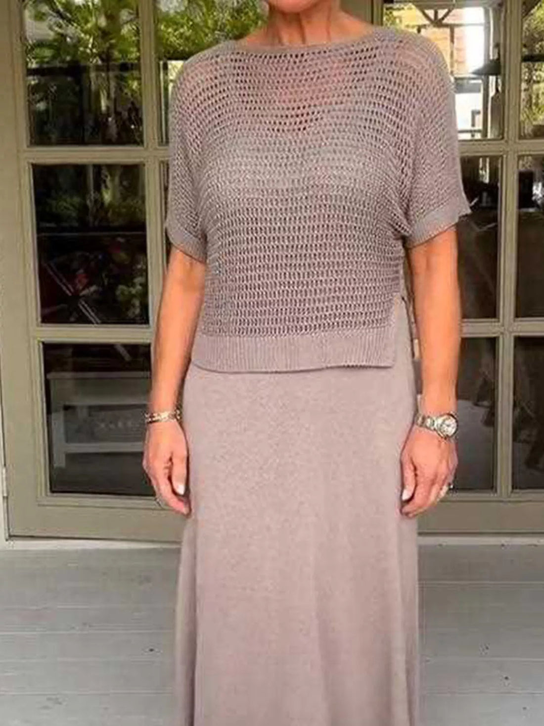 Full Size Openwork Knit Cover Up and Dress Set Plus Size Two Piece Dresses