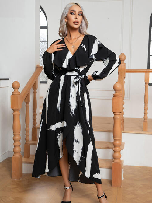Printed Tie Front Ruffle Trim Long Sleeve Dress Dresses