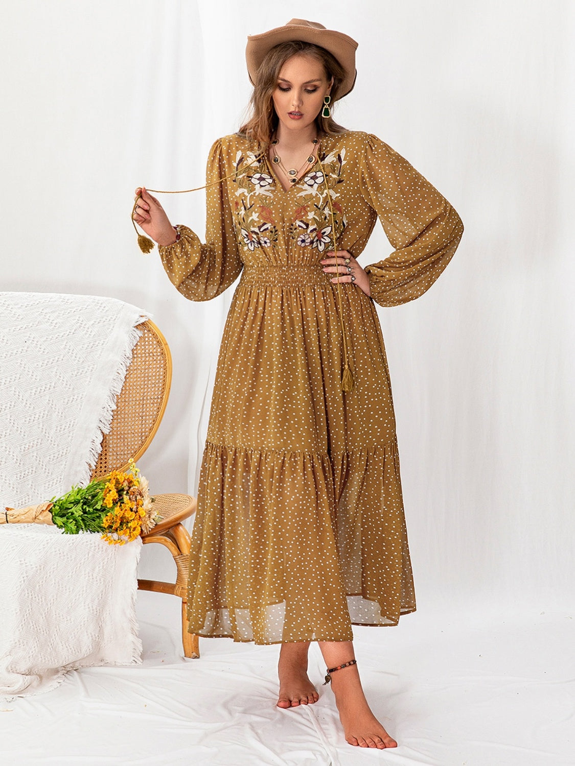 Plus Size Polka Dot Tie Neck Balloon Sleeve Maxi Dress 