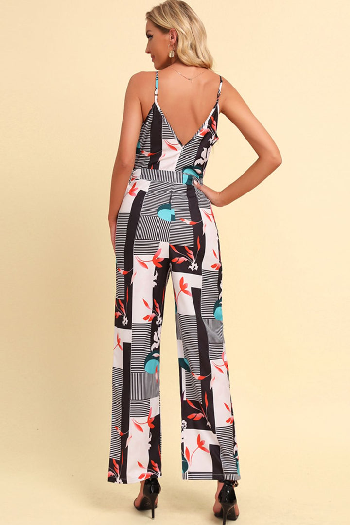 Printed Spaghetti Strap Tied Jumpsuit 