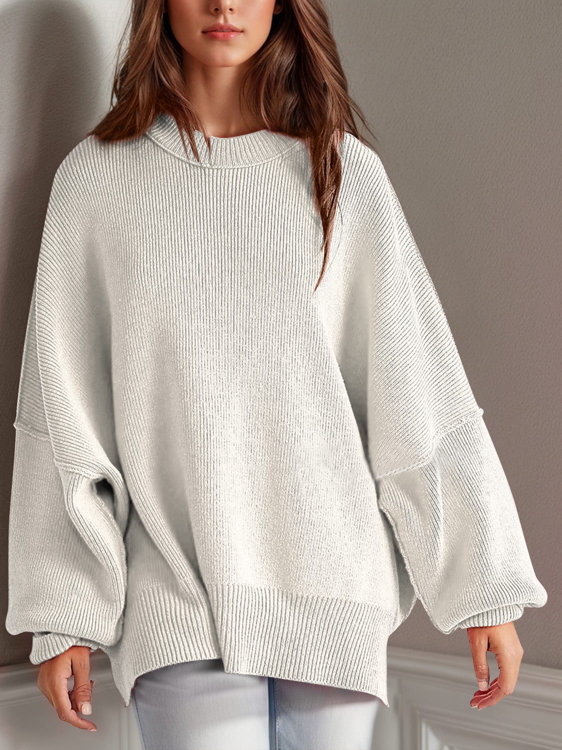 Double Take Side Slit Round Neck Long Sleeve Sweater 