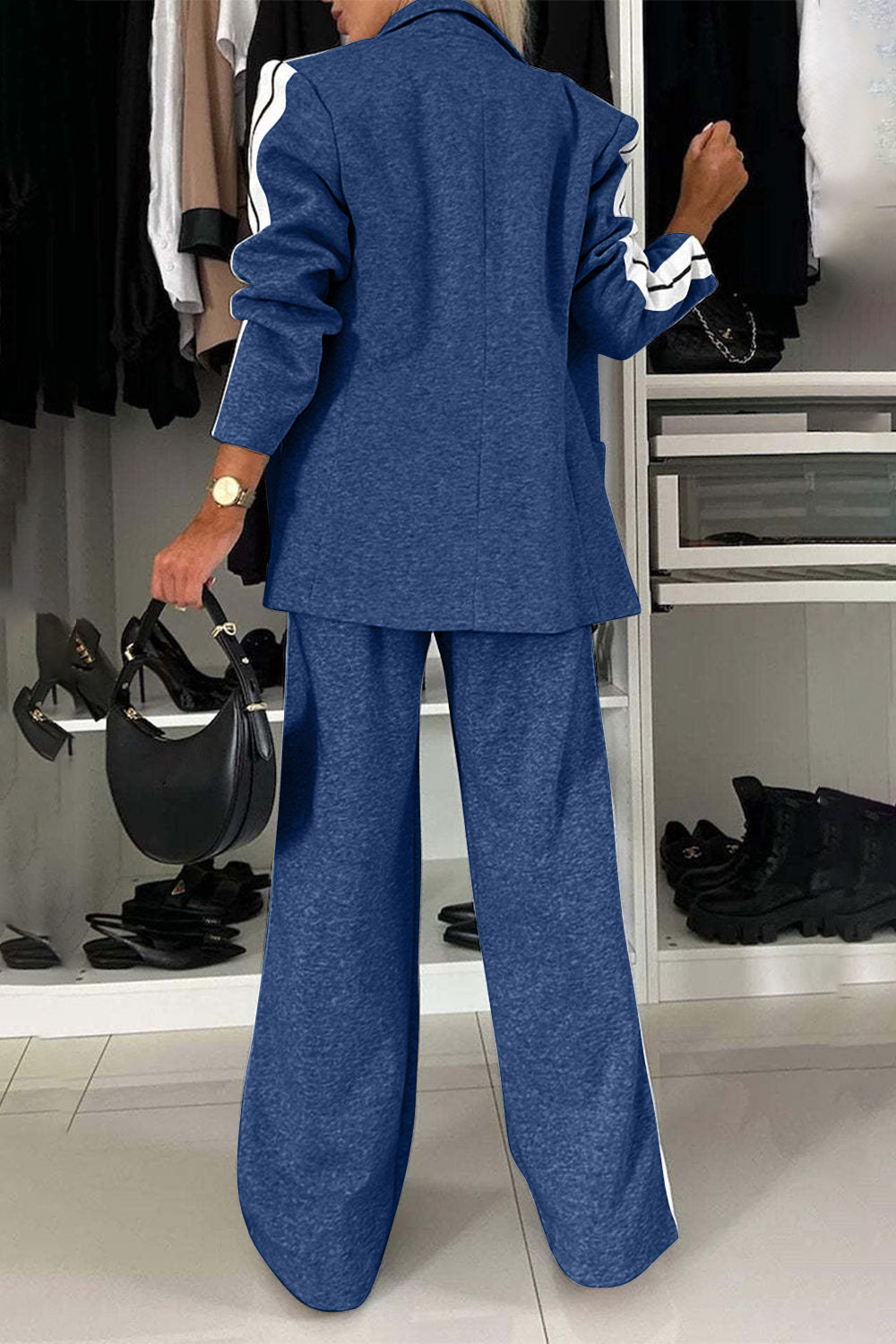 Full Size Contrast Lapel Collar Top and Pants Set 