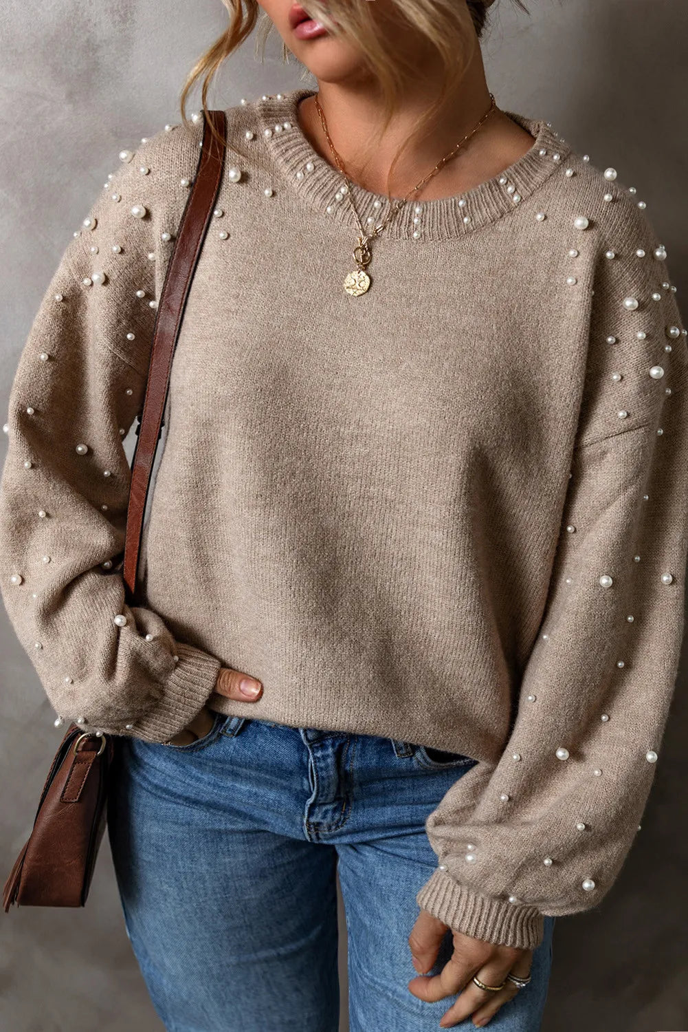 Plus Size Pearl Detail Round Neck Long Sleeve Sweater 