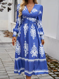 Devine Printed Surplice Lantern Sleeve Midi Dress 