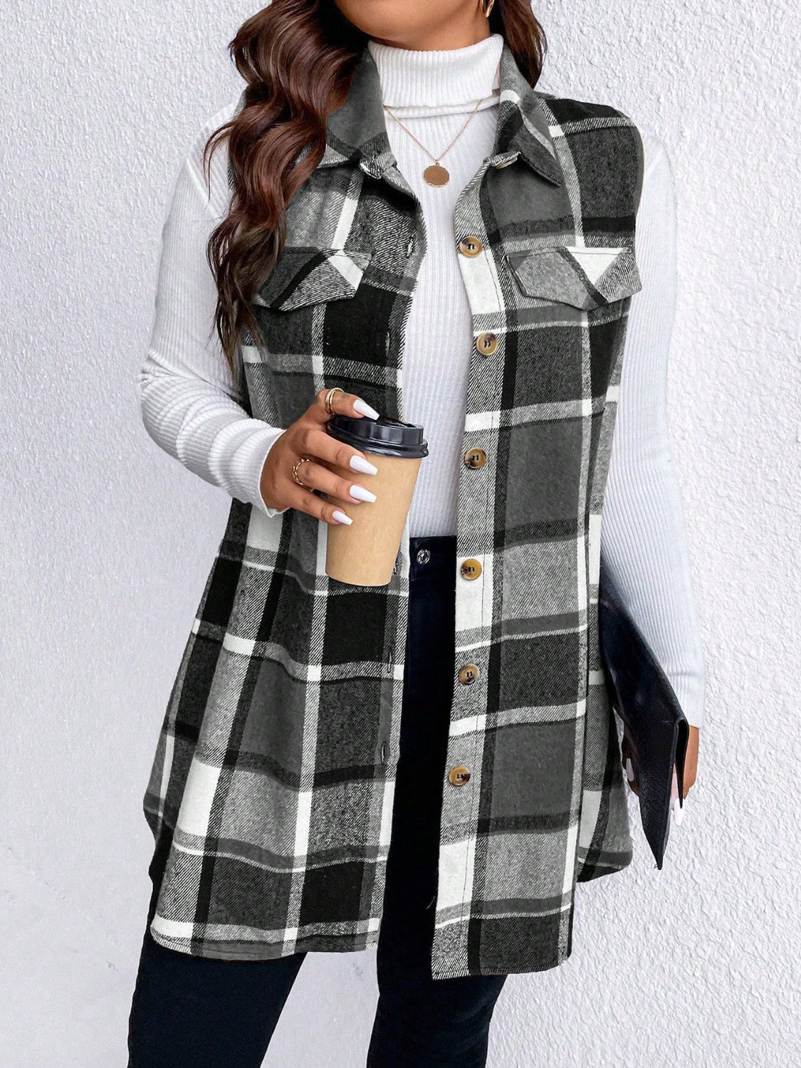 Honey Plus Size Pocketed Plaid Button Up Vest Coat 