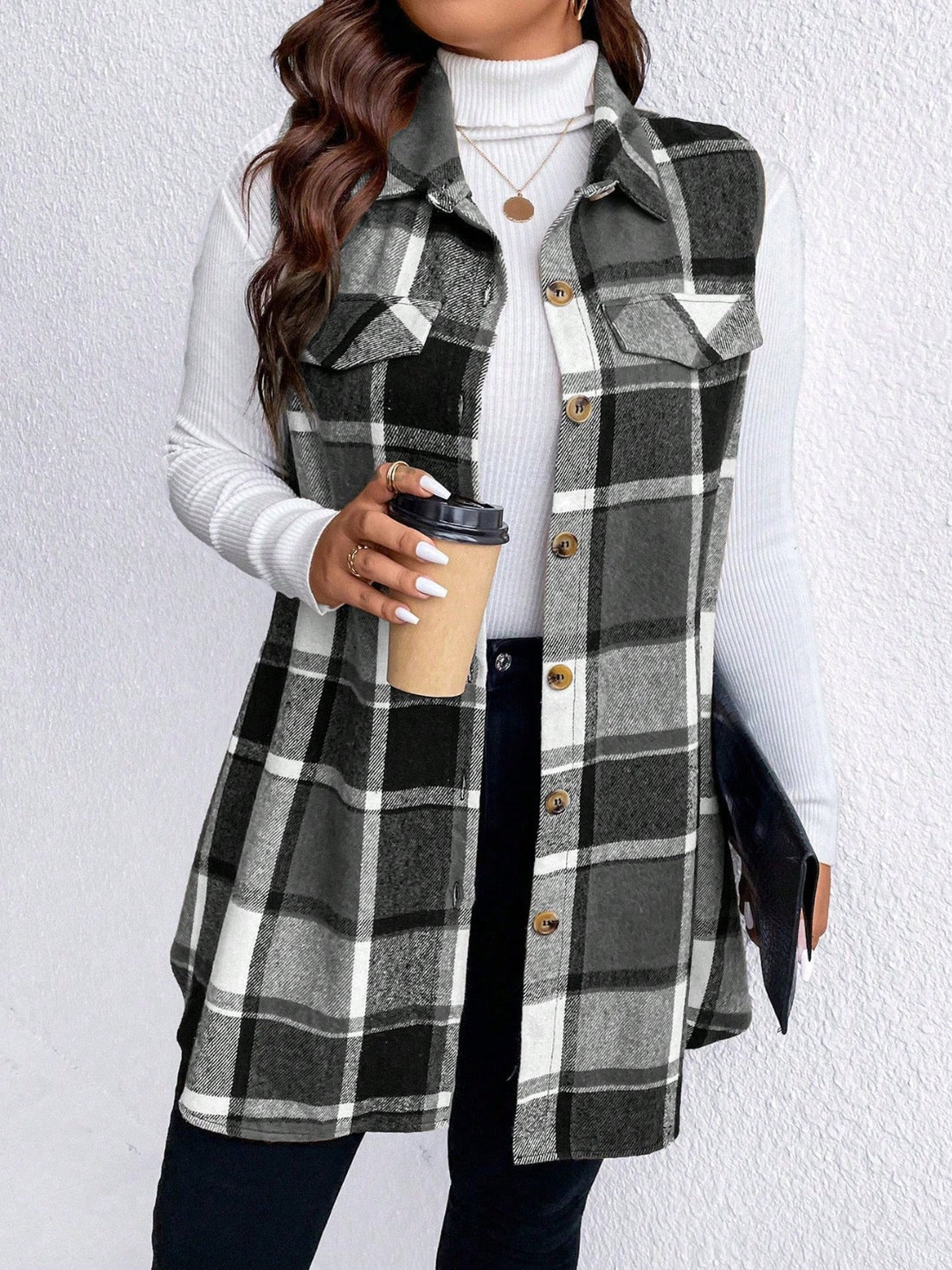 Honey Plus Size Pocketed Plaid Button Up Vest Coat 