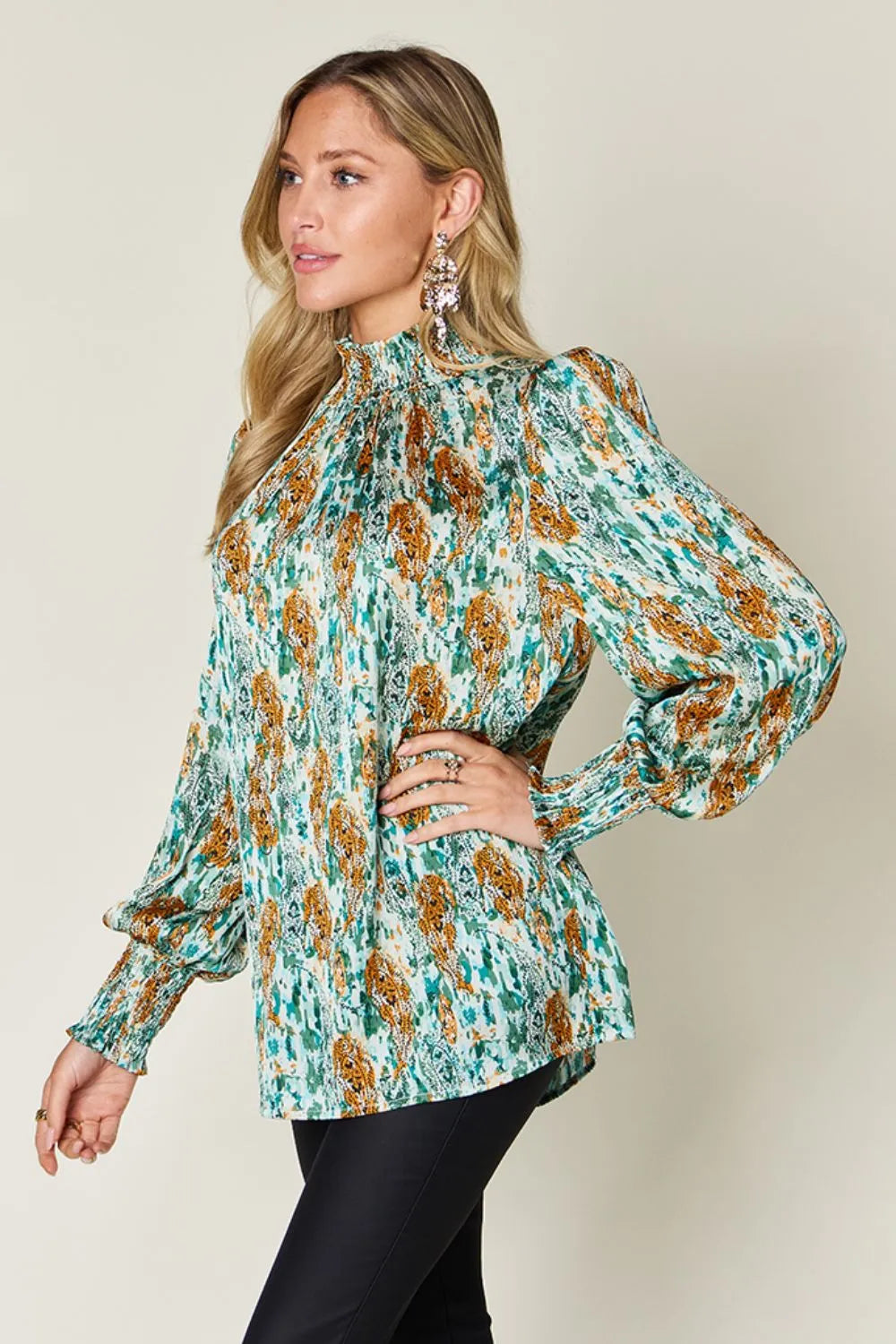 Double Take Full Size Printed Smocked Long Sleeve Blouse 