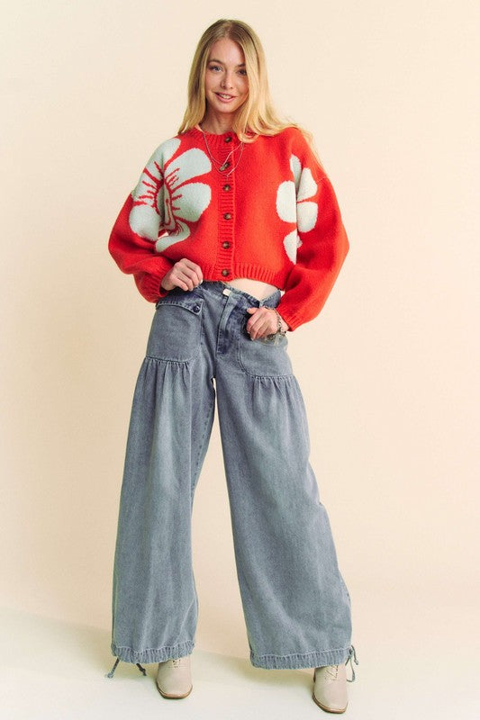 Davi & Dani Flower Contrast Round Neck Long Sleeve Cardigan 