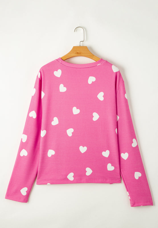Heart Round Neck Long Sleeve Top and Elastic Waist Shorts Set 