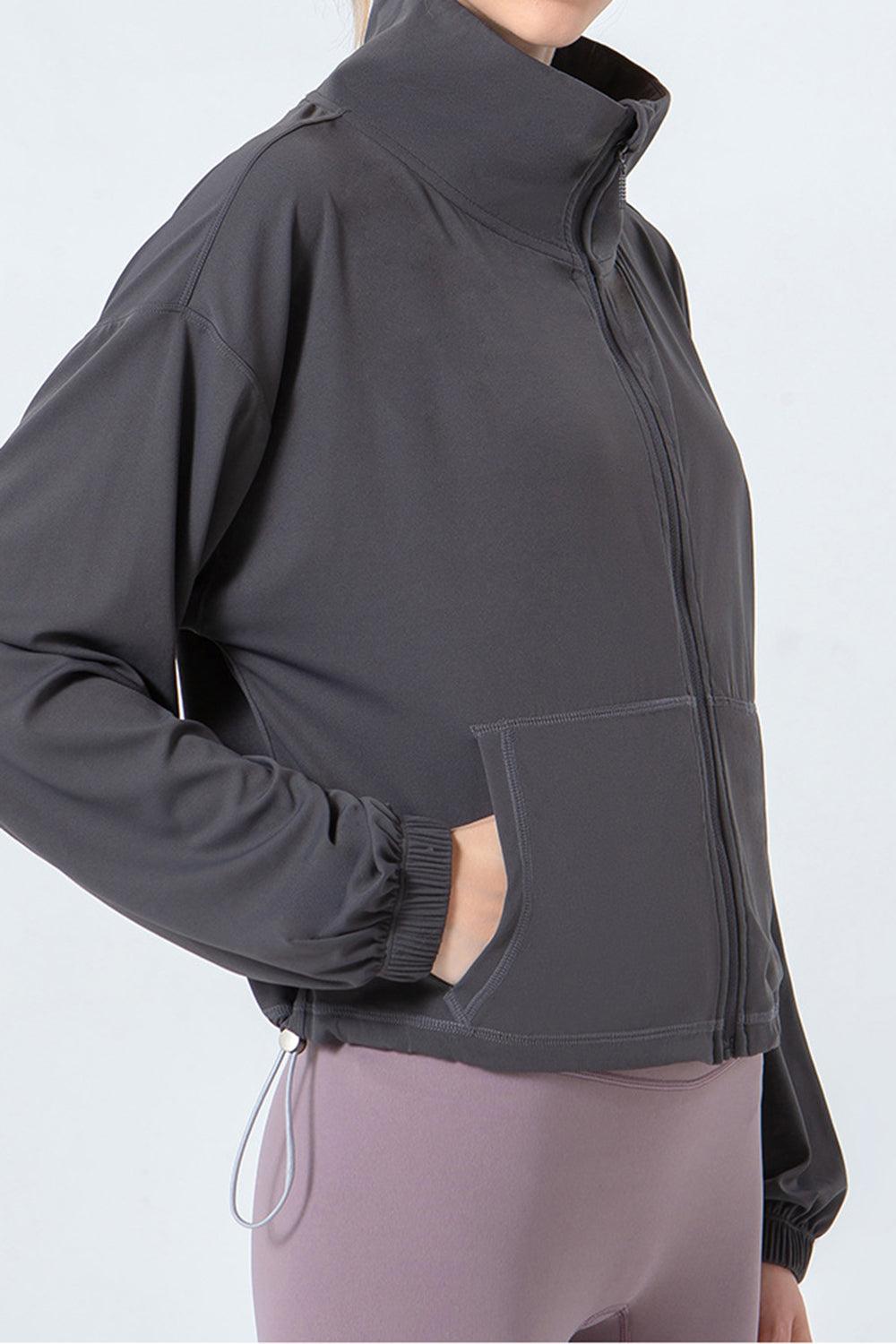 Drawstring Zip Up Dropped Shoulder Active Outerwear 