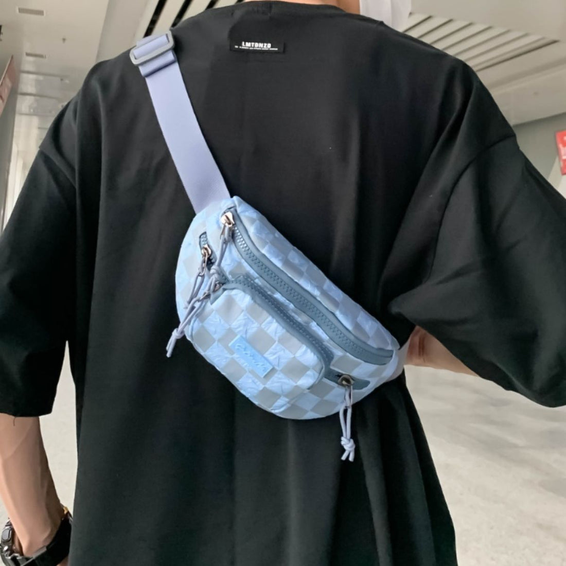 Checkered Adjustable Strap Nylon Crossbody Bag 