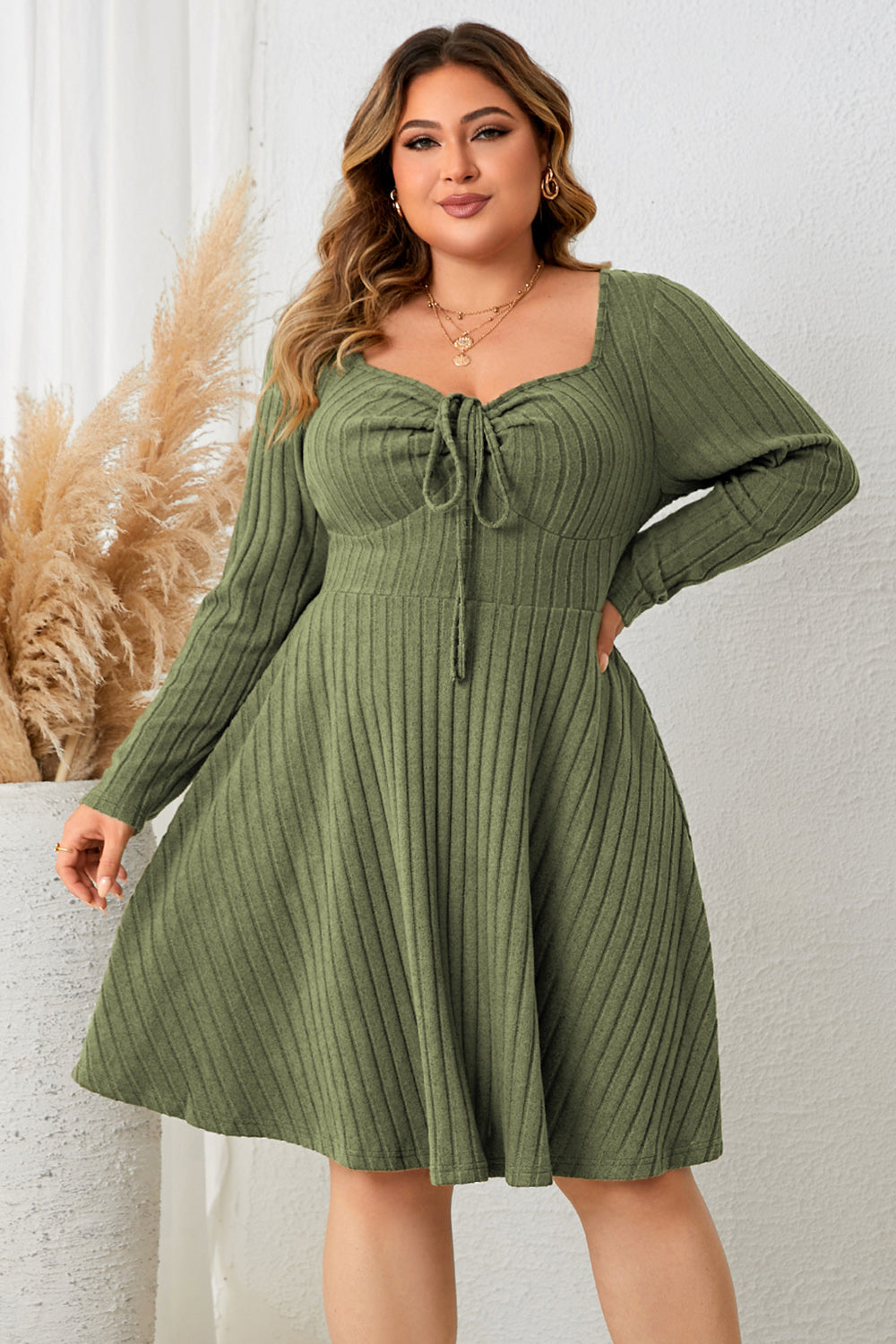 Honey Plus Size Sweetheart Neck Long Sleeve Ribbed Dress 