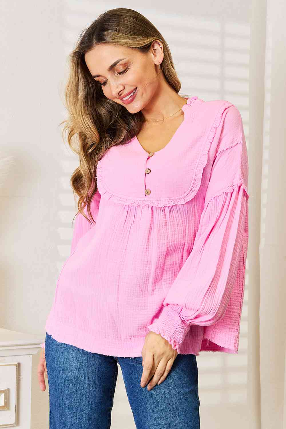 Double Take Exposed Seam Buttoned Notched Neck Blouse 