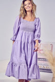 BiBi Swiss Dot Flounce Sleeve Smocked Tiered Midi Dress Dresses