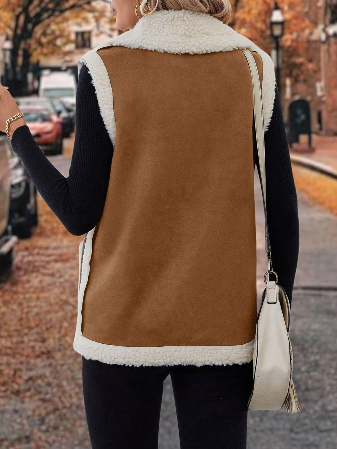 Full Size Contrast Open Front Sherpa Vest Coat 