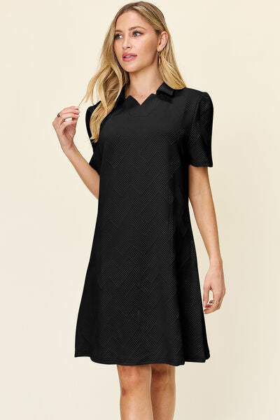 Double Take Full Size Texture Collared Neck Short Sleeve Dress 