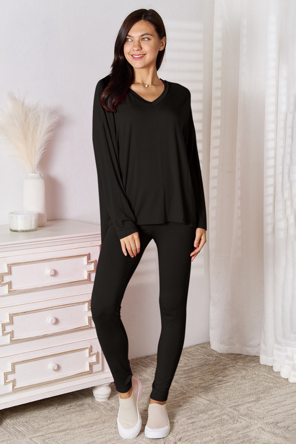 Basic Bae Full Size V-Neck Soft Rayon Long Sleeve Top and Pants Lounge Set 