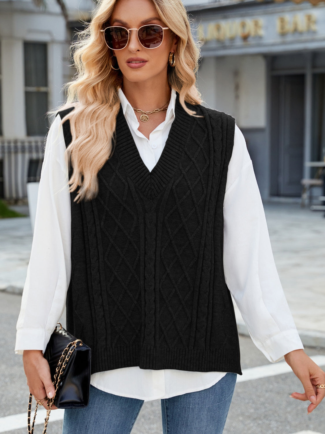 Cable Knit V-Neck Sweater Vest 
