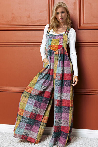 Double Take Full Size Plaid Sleeveless Fleece Wide Leg Jumpsuit 