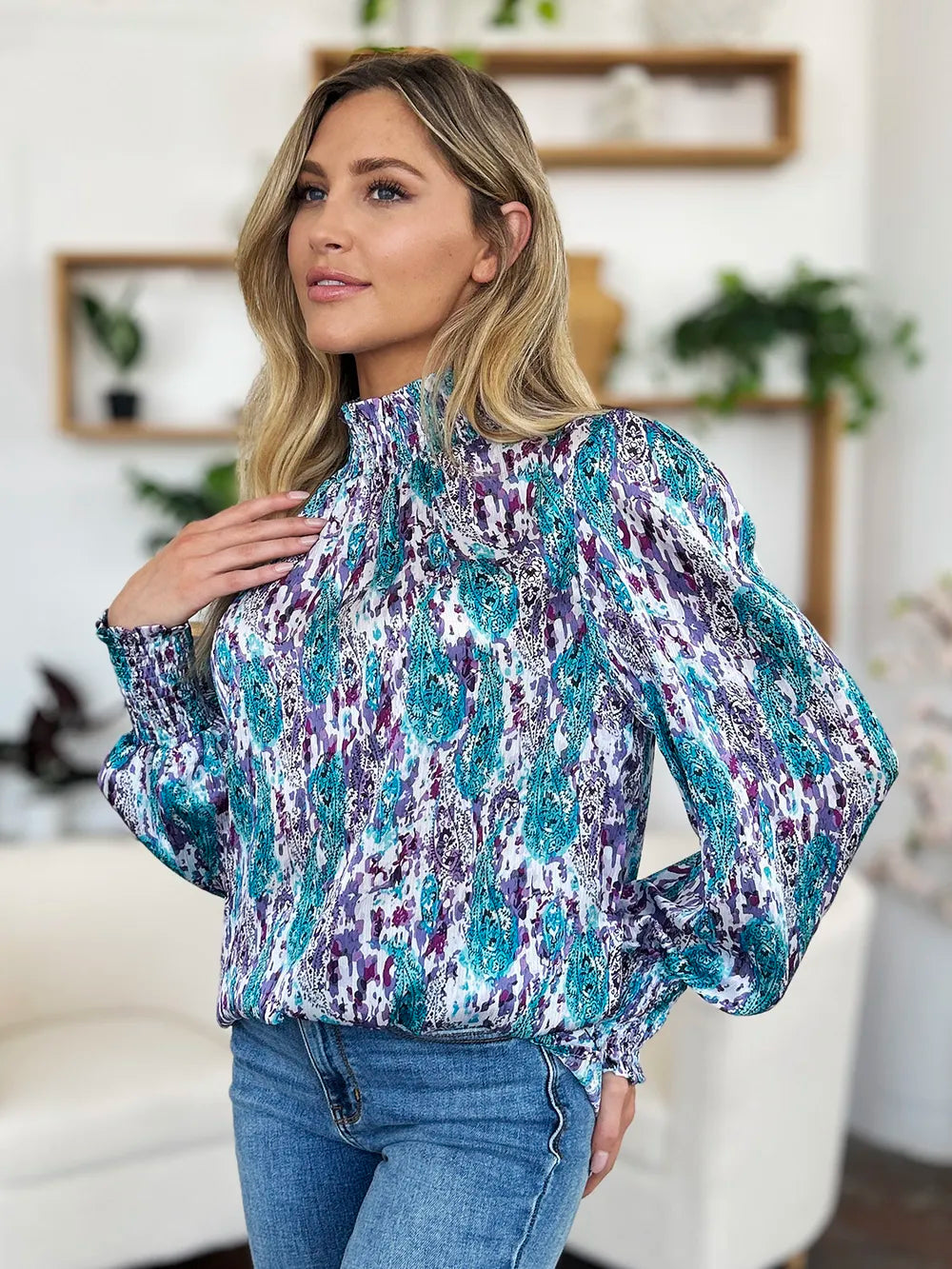 Double Take Full Size Printed Smocked Long Sleeve Blouse 