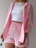 Textured Button Up Shirt and Shorts Set Two Piece Dresses