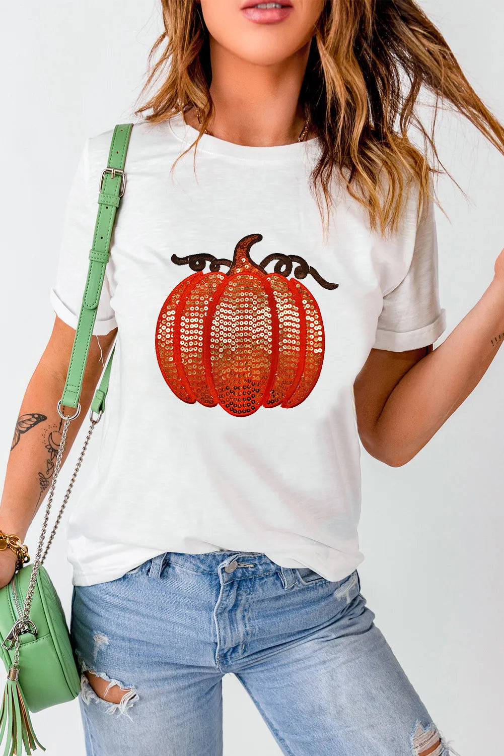 Full Size Sequin Pumpkin Round Neck Short Sleeve T-Shirt 