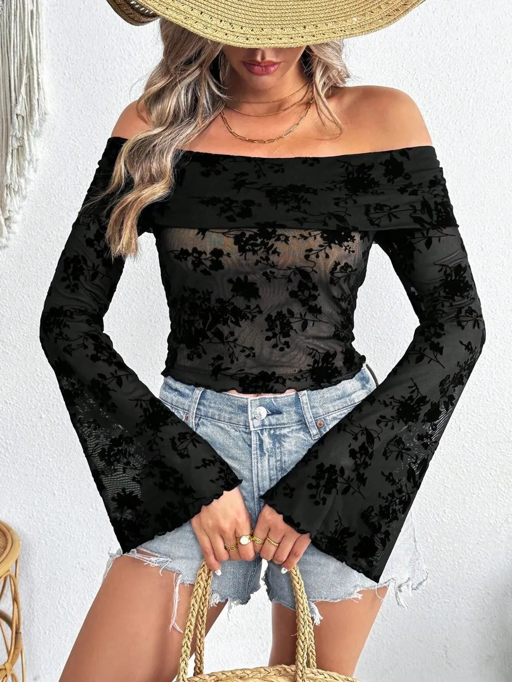 Off-Shoulder Flare Sleeve Lace Top 