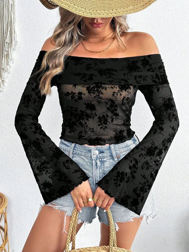 Off-Shoulder Flare Sleeve Lace Top 